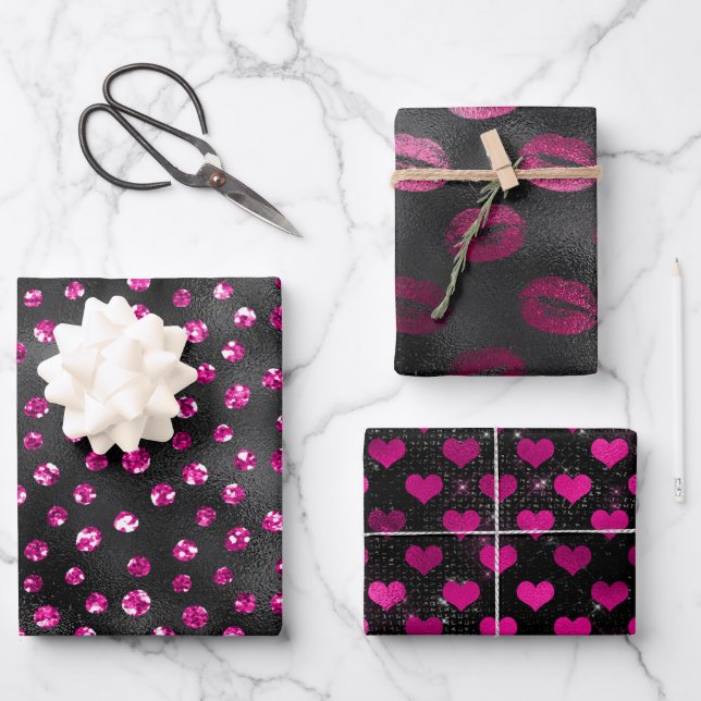 Bright Pink and Black Glam Feminine Patterns Wrapping Paper Sheet (Front)