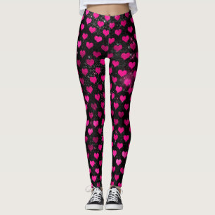 Bright Pink and Black Glam Hearts Pattern Leggings