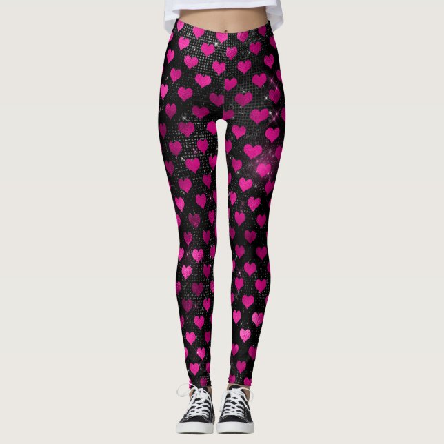 Bright Pink and Black Glam Hearts Pattern Leggings (Front)