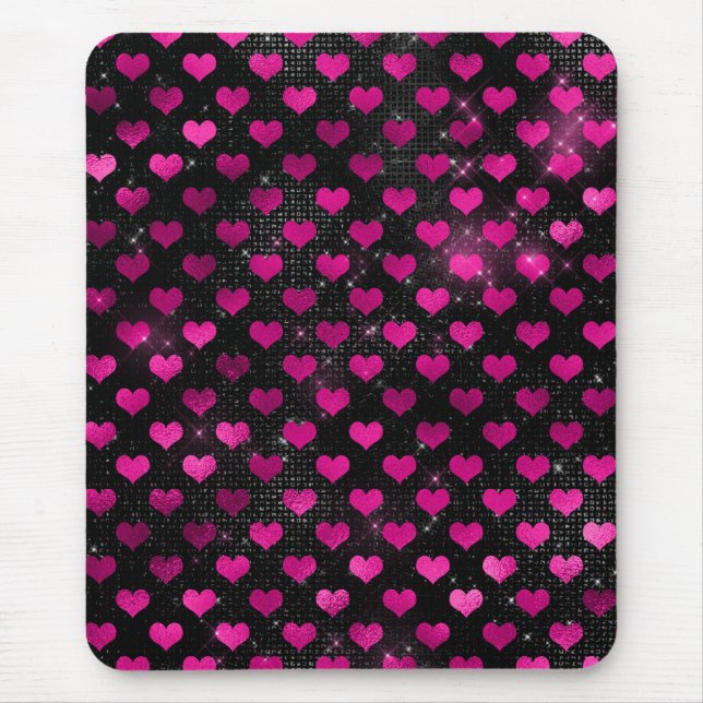 Bright Pink and Black Glam Hearts Pattern Mouse Mat (Front)