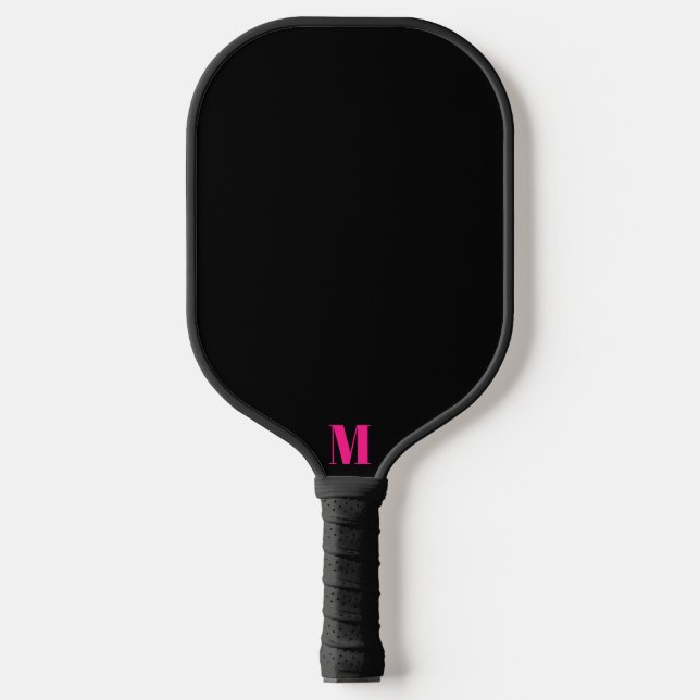Bright Pink and Black Modern Monogram Pickleball Paddle (Front)