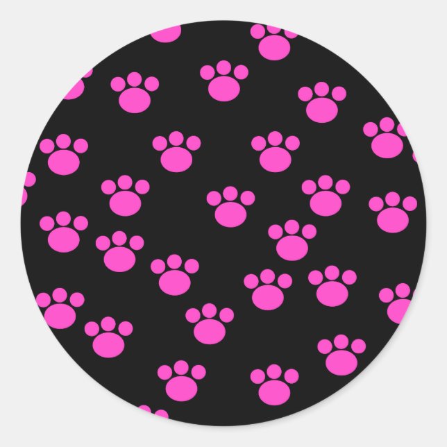 Bright Pink and Black Paw Print Pattern. Classic Round Sticker (Front)