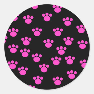 Bright Pink and Black Paw Print Pattern. Classic Round Sticker