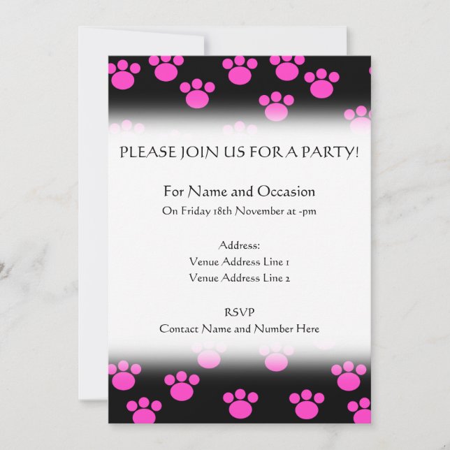 Bright Pink and Black Paw Print Pattern. Invitation (Front)