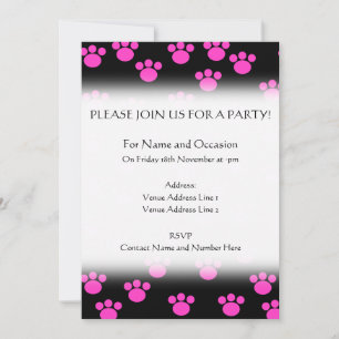 Bright Pink and Black Paw Print Pattern. Invitation