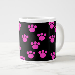 Bright Pink and Black Paw Print Pattern. Large Coffee Mug
