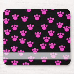Bright Pink and Black Paw Print Pattern. Mouse Mat