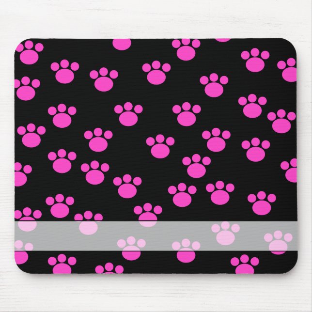 Bright Pink and Black Paw Print Pattern. Mouse Mat (Front)