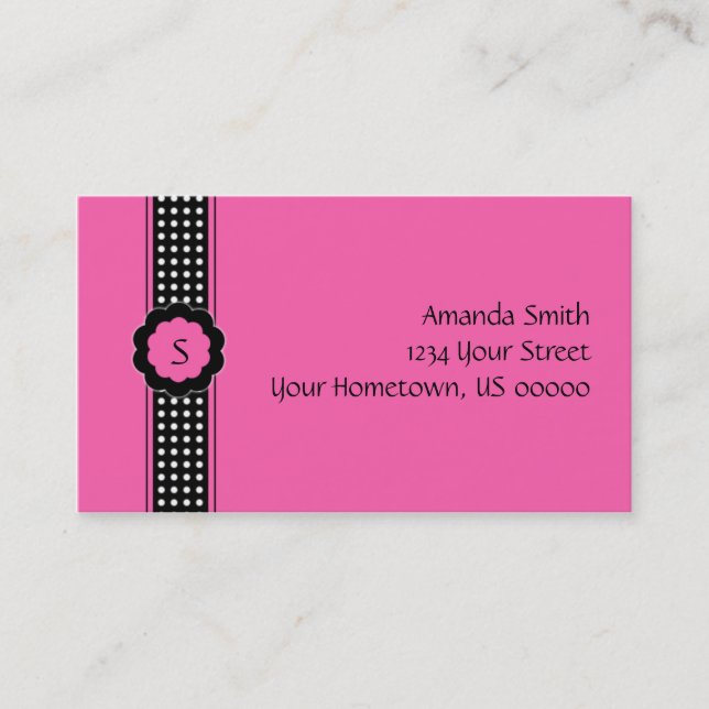 Bright Pink and Black Polka Dot Business Card (Front)