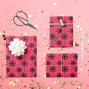 Bright Pink and Black Snowflake Pattern Christmas Wrapping Paper Sheet