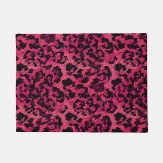 Bright pink and black spotted leopard doormat (Front)