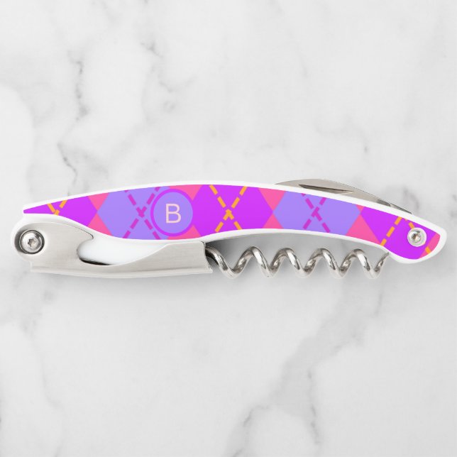 Bright Pink and Blue Argyle Pattern Monogram Corkscrew (Front)