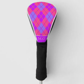 Bright Pink and Blue Argyle Pattern Monogram Golf Head Cover