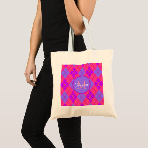 Bright Pink and Blue Argyle Pattern Monogram Tote Bag