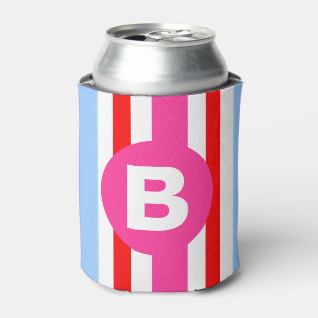 Bright Pink and Blue Candy Stripes Monogram Can Cooler (Can Front)