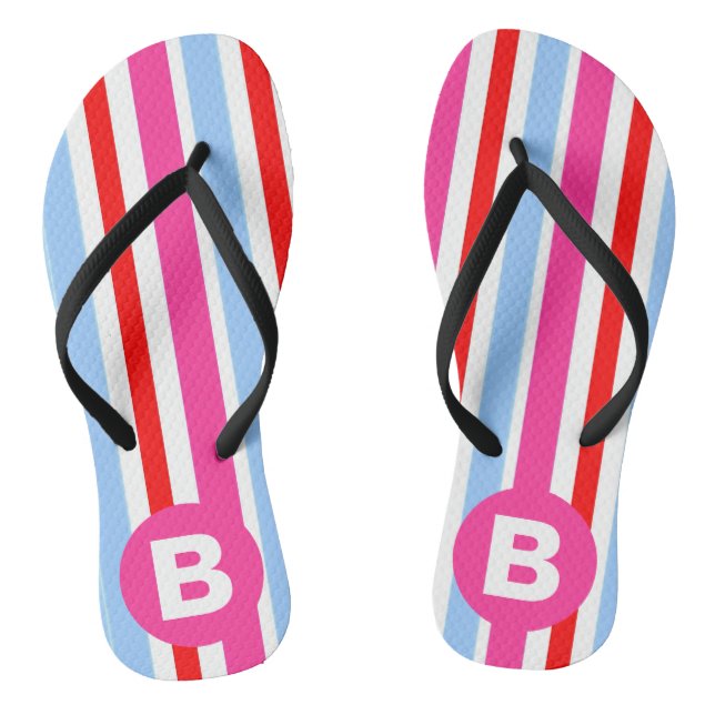 Bright Pink and Blue Candy Stripes Monogram Flip Flops (Footbed)