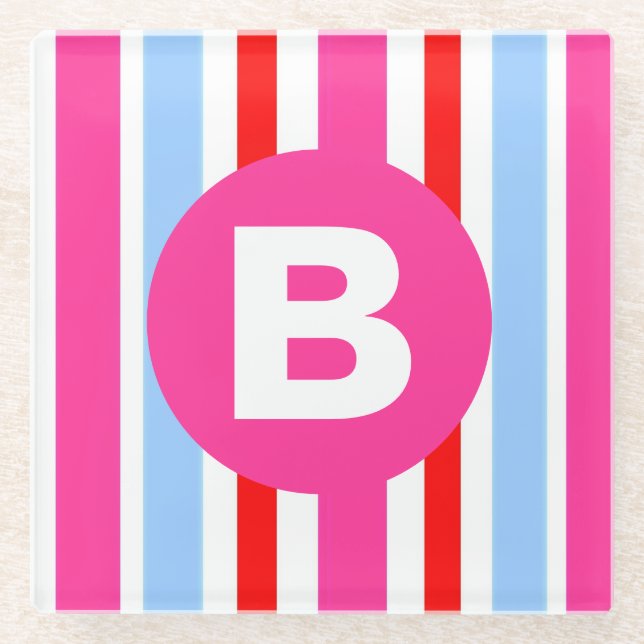 Bright Pink and Blue Candy Stripes Monogram Glass Coaster (Front)
