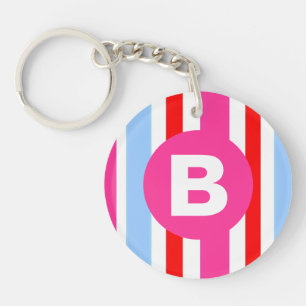 Bright Pink and Blue Candy Stripes Monogram Key Ring