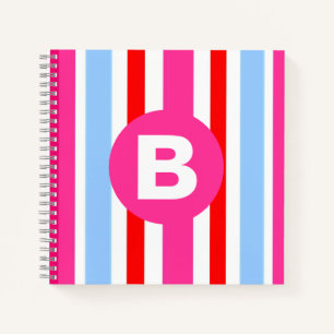 Bright Pink and Blue Candy Stripes Monogram Notebook