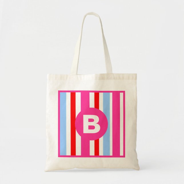 Bright Pink and Blue Candy Stripes Monogram Tote Bag (Front)