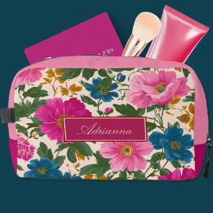 Bright Pink and Blue Floral on Cream Dopp Kit