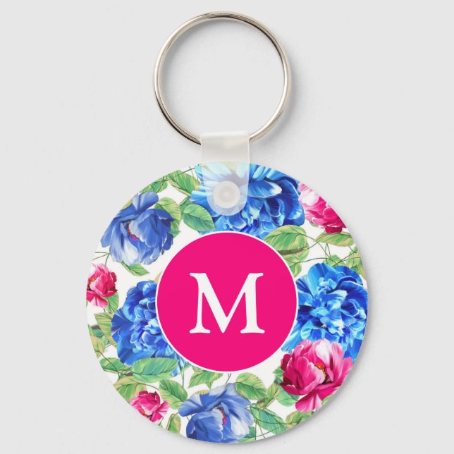 Bright Pink and Blue Floral Pretty Monogram Key Ring (Front)