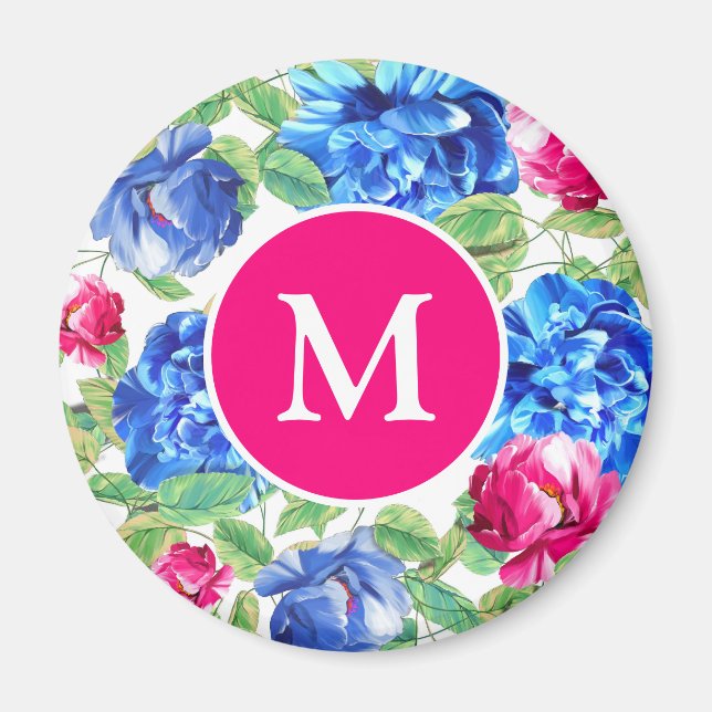 Bright Pink and Blue Floral Pretty Monogrammed Magnet (Front)
