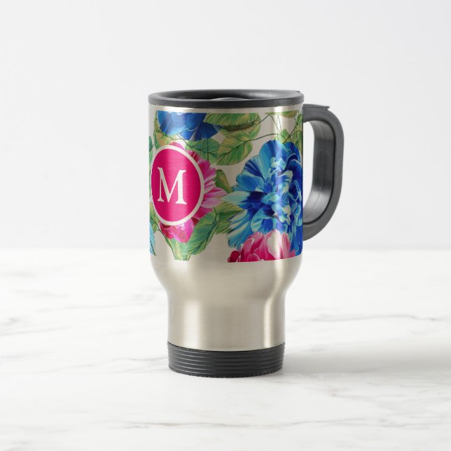 Bright Pink and Blue Floral Pretty Monogrammed Travel Mug (Front Right)