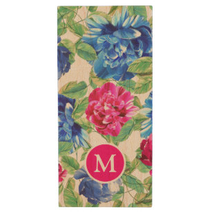 Bright Pink and Blue Floral Pretty Monogrammed Wood USB Flash Drive