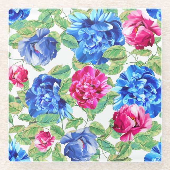Bright Pink and Blue Floral Pretty Pattern Glass Coaster (Front)