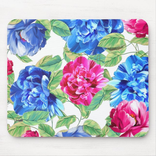 Bright Pink and Blue Floral Pretty Pattern Mouse Mat (Front)