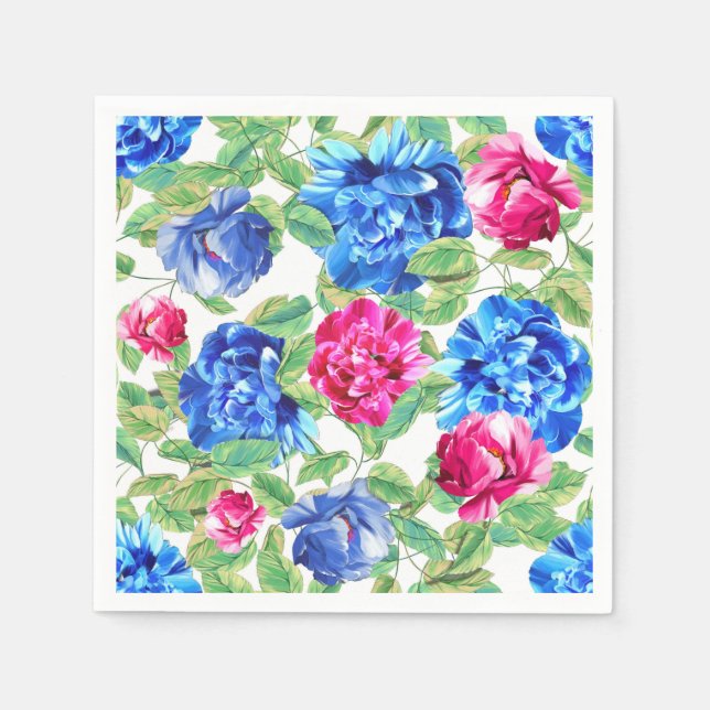 Bright Pink and Blue Floral Pretty Pattern Napkin (Front)