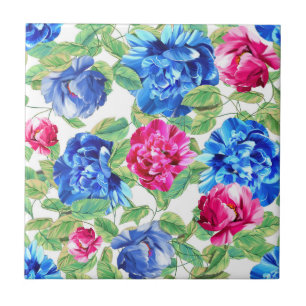 Bright Pink and Blue Floral Pretty Pattern Tile