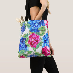 Bright Pink and Blue Floral Pretty Pattern Tote Bag