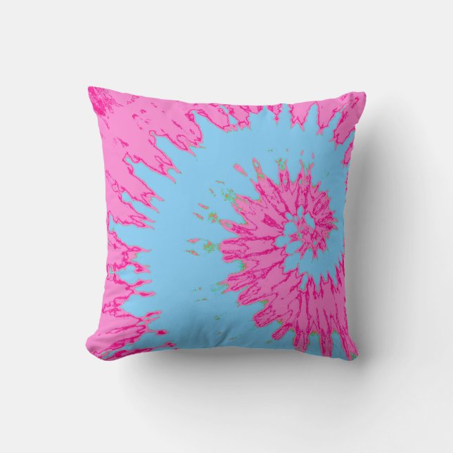 Bright Pink and Blue Spiral Tie Dye Pillow (Front)