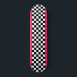 Bright pink and checkerboard skateboard<br><div class="desc">A black and white classic checkerboard pattern,  with some bright vibrant pink.</div>