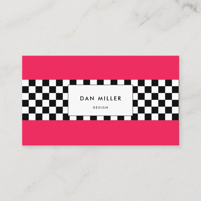 Bright pink and chequerboard business card (Front)