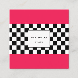Bright pink and chequerboard square business card