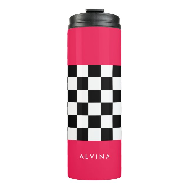 Bright pink and chequerboard thermal tumbler (Front)