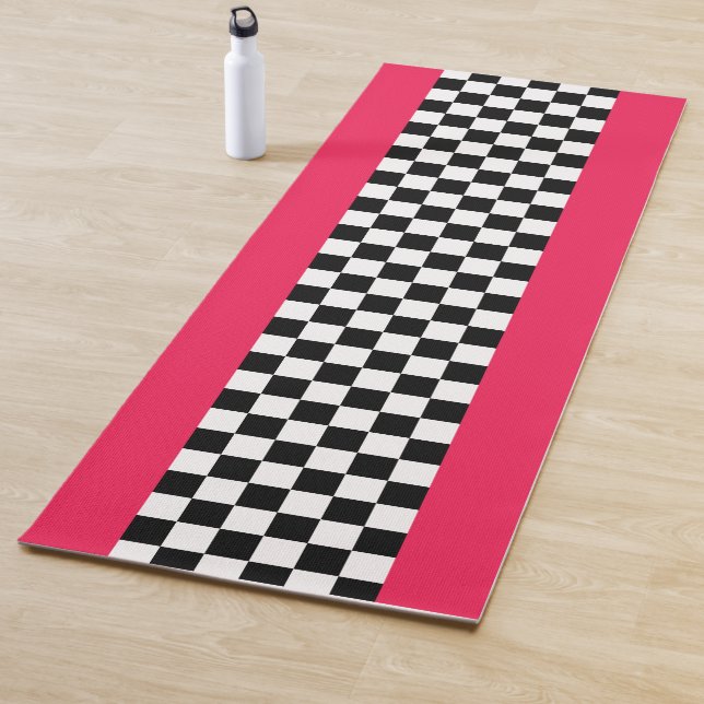 Bright pink and chequerboard yoga mat (In Situ)