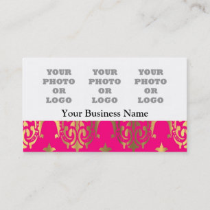 Bright pink and gold damask company logo business card