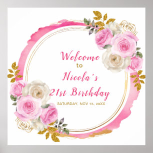 Bright Pink and Gold Elegant Flowe Birthday Party  Poster