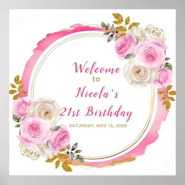 Bright Pink and Gold Elegant Flowe Birthday Party  Poster (Front)