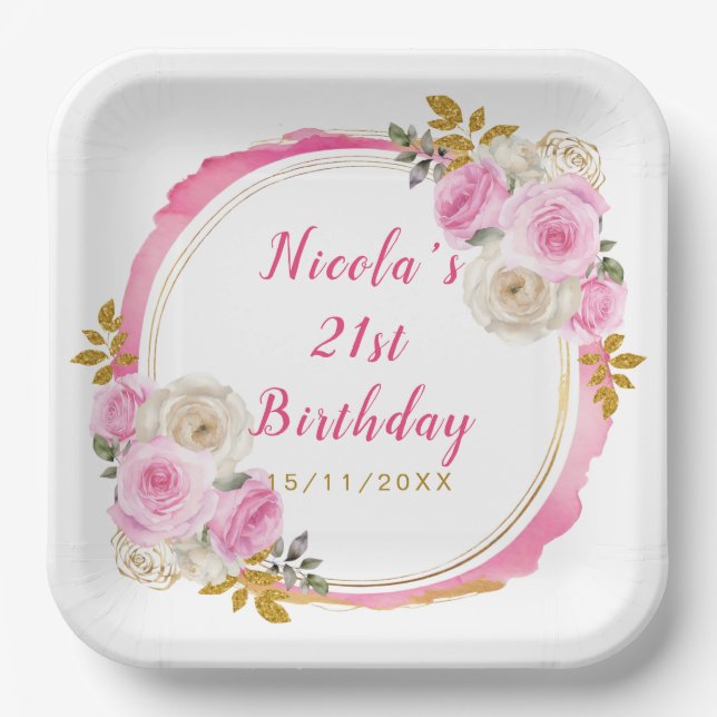 Bright Pink and Gold Elegant Flower Birthday Party Paper Plate (Front)