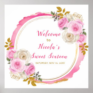 Bright Pink and Gold Elegant Flower Sweet Sixteen  Poster