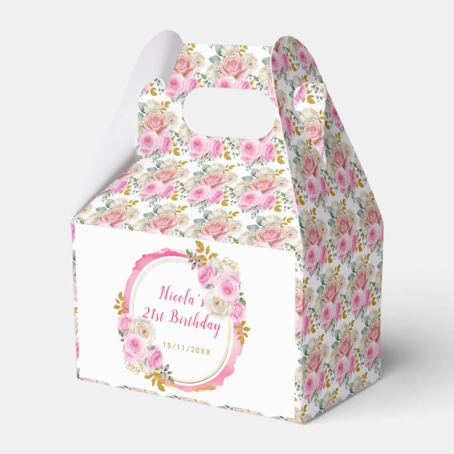 Bright Pink and Gold Elegant Flowers Birthday Favour Box (Front Side)