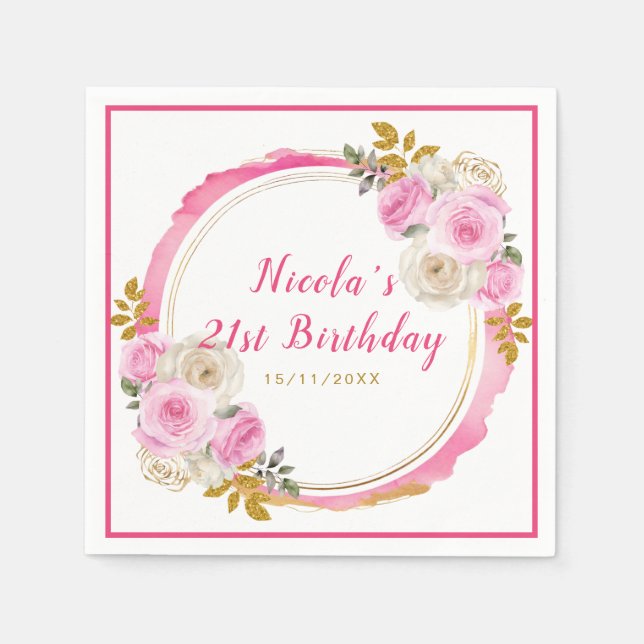 Bright Pink and Gold Elegant Flowers Birthday  Napkin (Front)