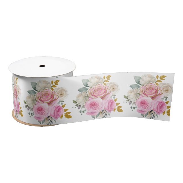 Bright Pink and Gold Elegant Flowers  Satin Ribbon (Spool)