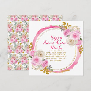 Bright Pink and Gold Elegant Flowers Sweet Sixteen Card