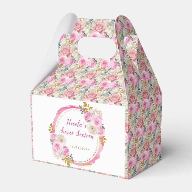 Bright Pink and Gold Elegant Flowers Sweet Sixteen Favour Box (Front Side)